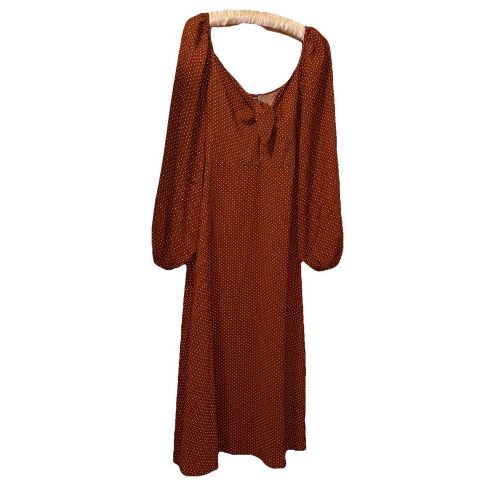 Shein Women's Dress Brown White Polka Dot Maxi Tie At Neck Long Sleeve Size L